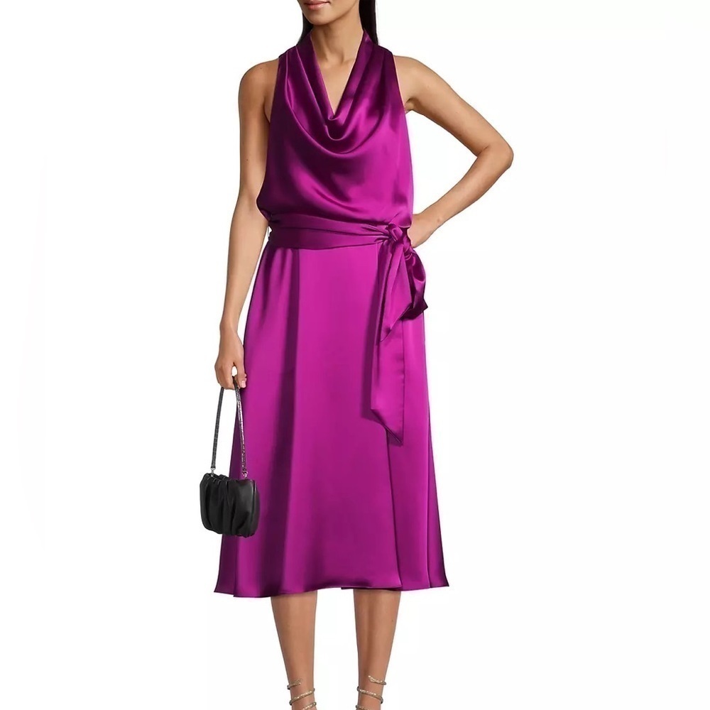 NWT Aidan Mattox Magenta Purple Satin Cowl Neck Cocktail Midi Dress